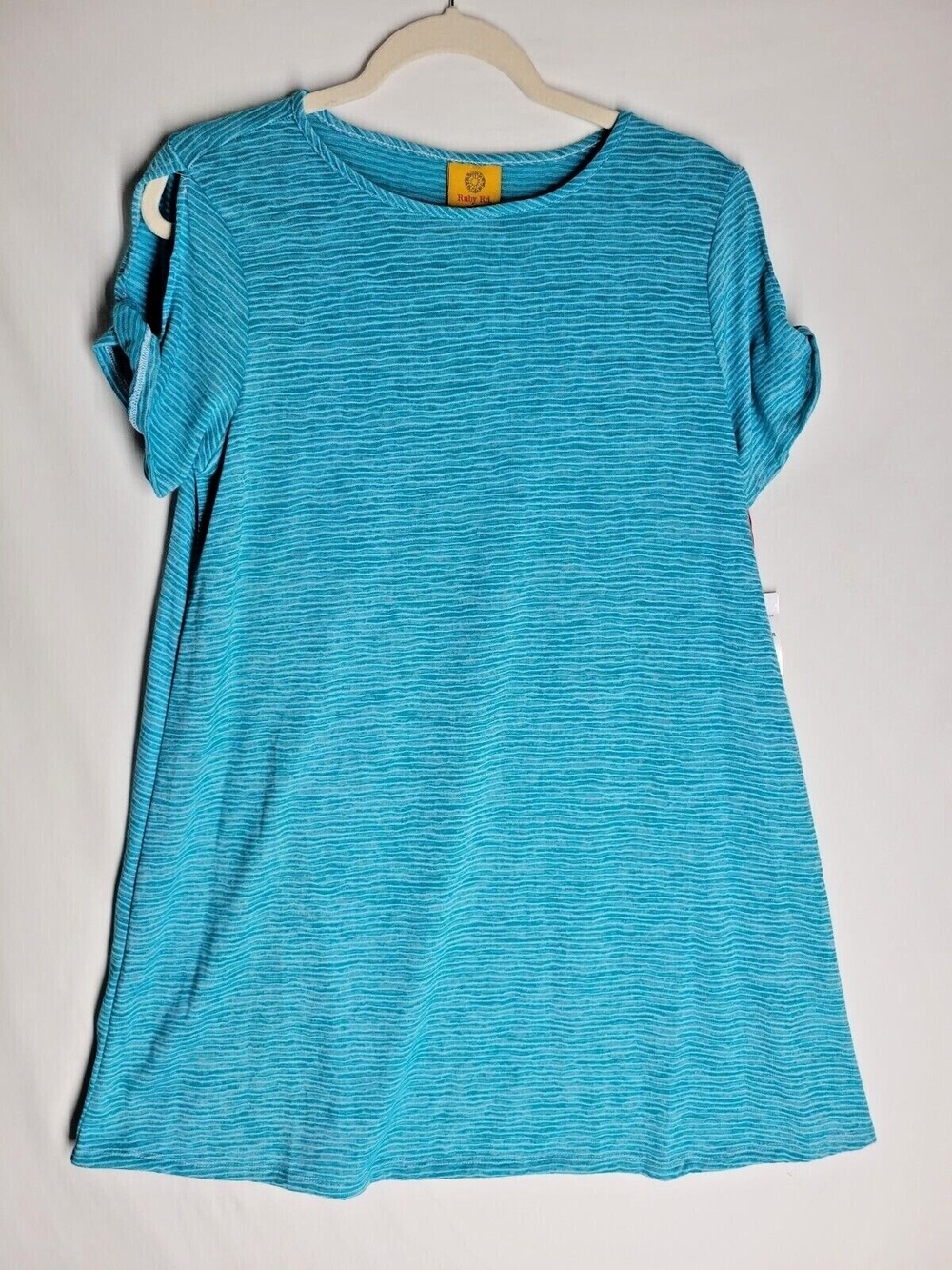 NWT Ruby Rd Turquoise Short Sleeve Stretch T-Shirt Dress Cold Shoulder Size PM